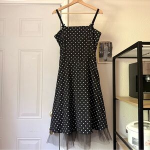 SUPER LOW FAT vintage black white polka dot cotton square neck midi dress